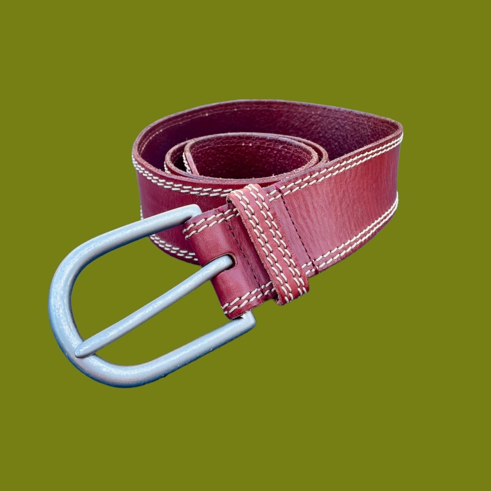 VTG red leather double stitch statement belt 70s disco western cowgirl